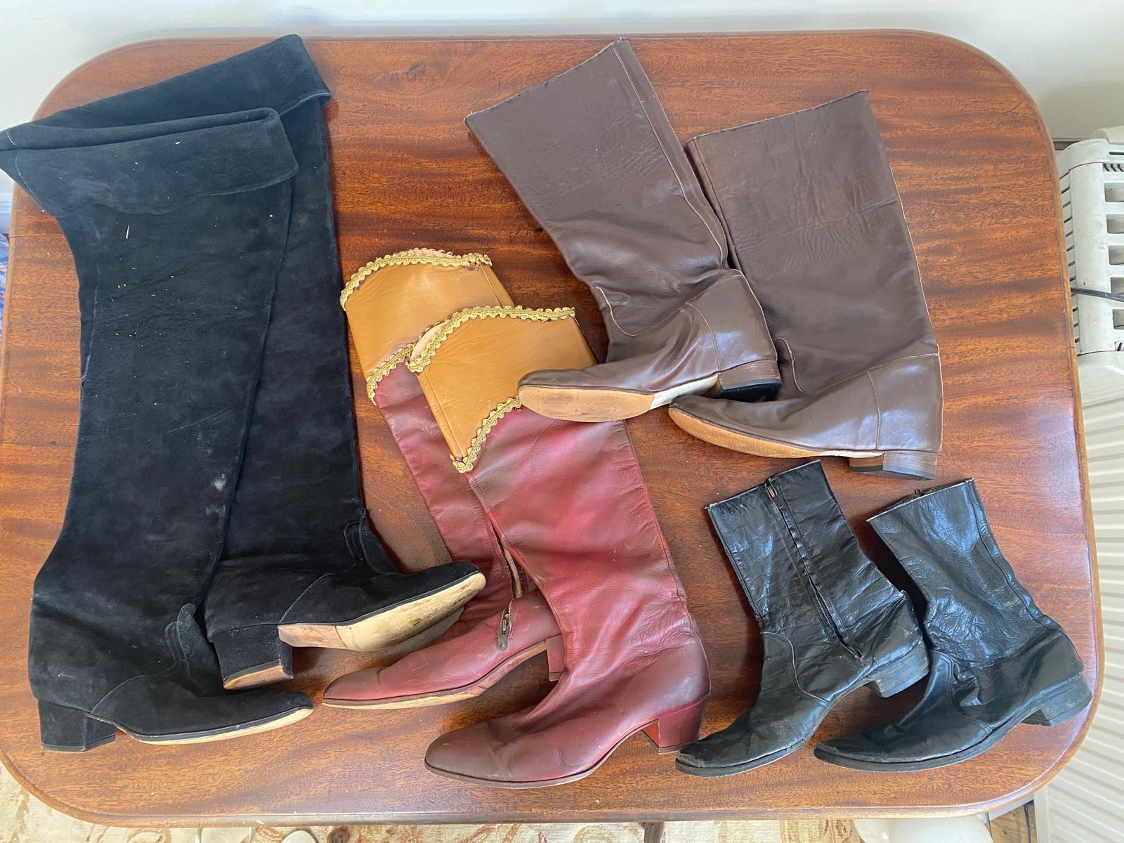 Four pairs of men’s knee length period military boots, one black and the other in black suede. Large sizes